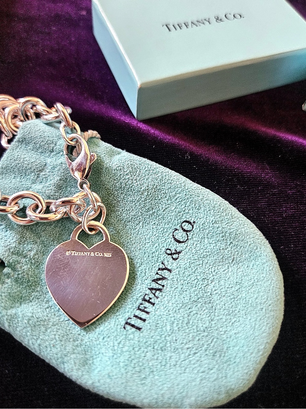 Tiffany & Co. Sterling Silver Heart Tag Link Bracelet with Blue Pouch - Picture 7 of 9